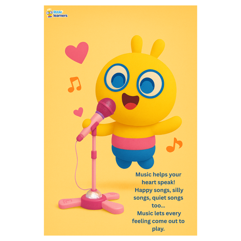 colorful cartoon character singing into microphone with musical notes and hearts floating around on yellow background promoting Boolby's Big Music Secret ebook for kids