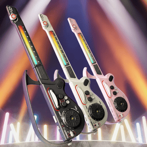 Multifunctional Bluetooth DJ Guitar for kids with colorful LED lights, stringless design, and interactive controls in black, white, and pink colors.