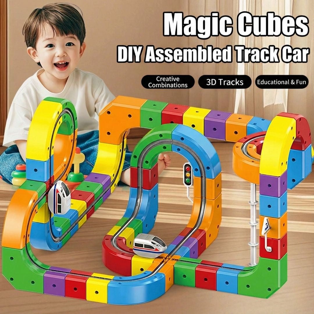 Child playing with colorful magnetic building blocks DIY assembled electric track car toy with 3D tracks and motion sensing features