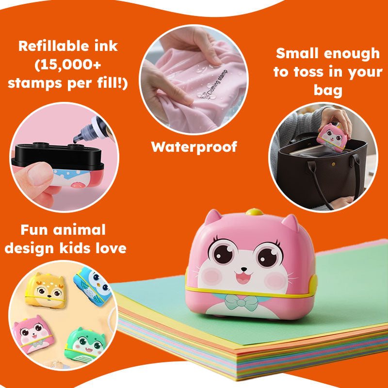 TinyStamper customized name stamp for kids' belongings with waterproof ink and refillable design