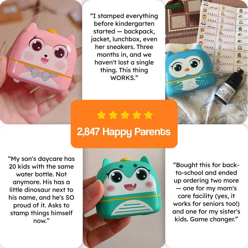 TinyStamper customized name stamp for kids' belongings with waterproof ink and refillable design