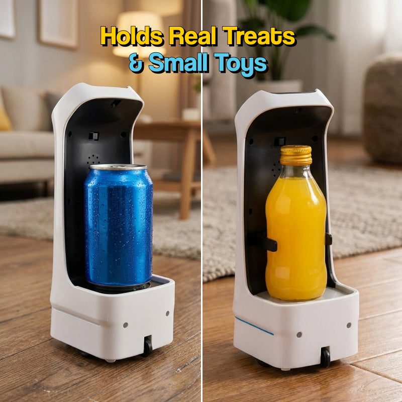 SnackBot Delivery Robo-Kitty toy with LED cat-face, remote control, and cargo tray for snacks and treats