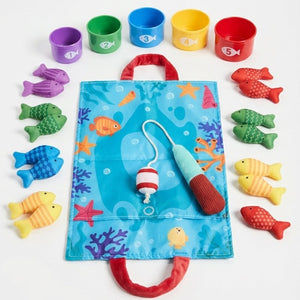 Little Fisherman Fishing Set with velcro fish, fishing rod, colorful stacking cups, and ocean play mat for toddlers ages 6 months to 2 years