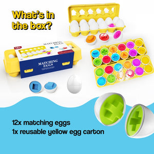 Montessori Shape and Color Matching Eggs educational toddler toy with 12 colorful matching egg halves in reusable carton