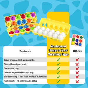 Montessori shape and color matching eggs toy with 12 colorful, shaped egg pairs in reusable carton for toddler learning