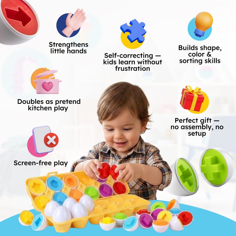 Montessori shape and color matching eggs toy with 12 colorful, shape-matching pairs in a reusable carton