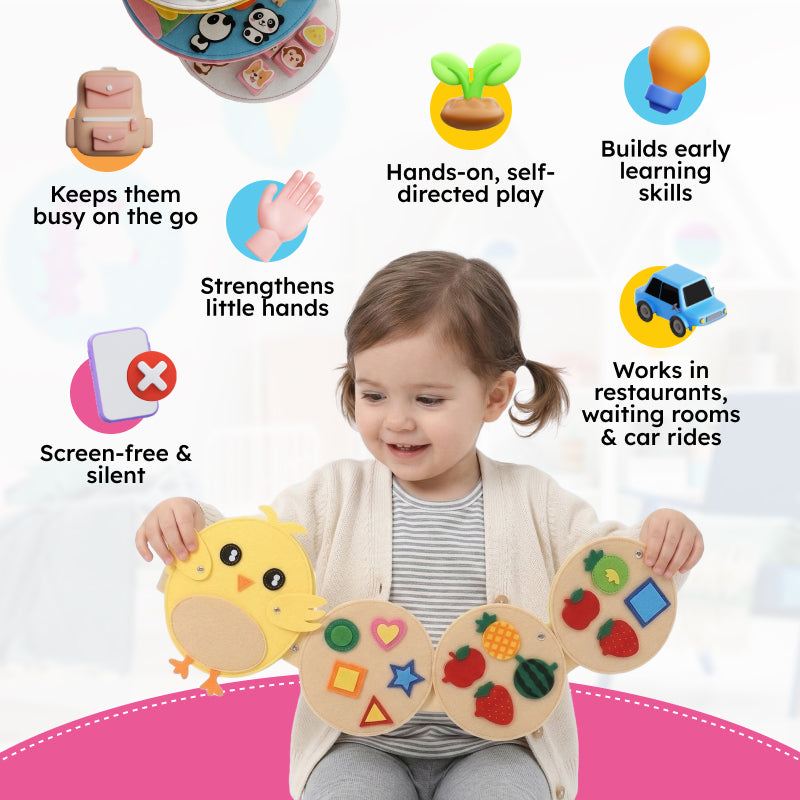 Montessori Felt Activity Book with 8 interactive preschool learning pages in a compact felt foldable design