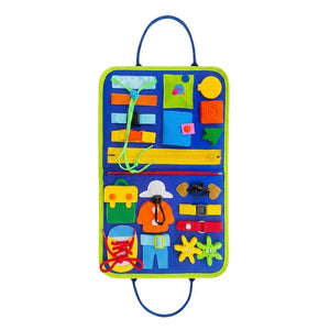 Little Hands & Big Minds Busy Book toddler activity handbag with zippers, buttons, buckles, and clock for ages 1-4