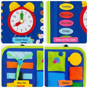 Little Hands & Big Minds Busy Book toddler activity handbag with zippers, buttons, buckles, and clock for ages 1-4