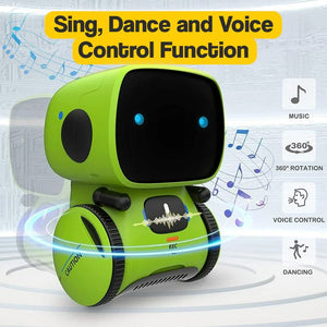Robby the Robot interactive toy in green with voice control, dancing, music, and 360-degree rotation features