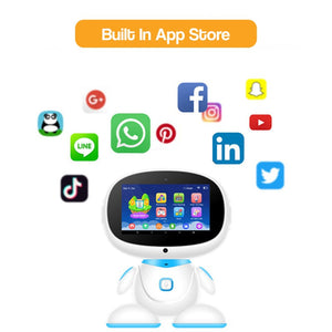 AI-powered STEM learning robot with interactive apps and social media icons on screen