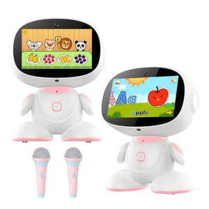 AI-powered STEM learning robot for kids with interactive screens and two microphones