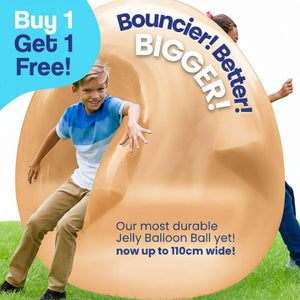 Kids playing outdoors with giant inflatable jelly balloon ball, promoting active fun and durability, buy 1 get 1 free Christmas collection