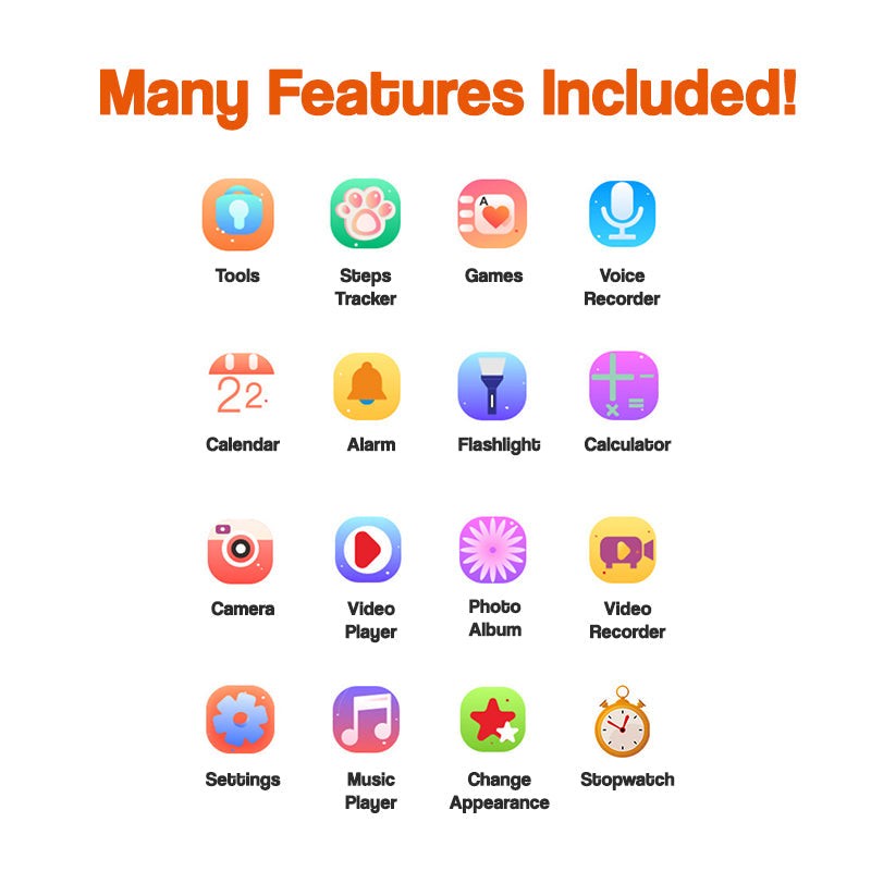 Kids multi-purpose smartwatch features icons for tools, step tracker, games, voice recorder, calendar, alarm, flashlight, calculator, camera, video player, photo album, video recorder, settings, music player, change appearance, and stopwatch.