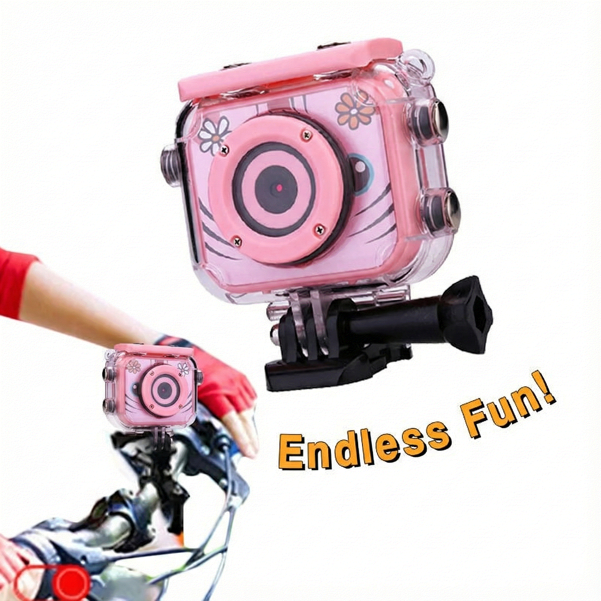 Mini Kids High-Quality Sports Camera in pink waterproof case mounted on bike bicycle bracket for outdoor activities