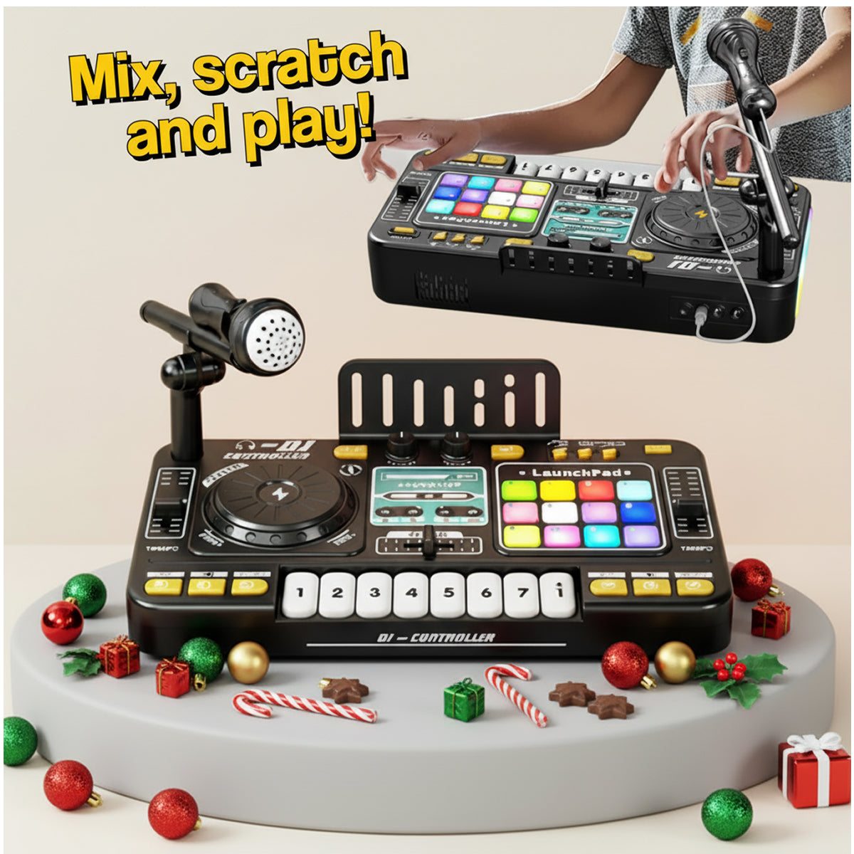 MixMaster Junior DJ Console with colorful buttons, microphone, keyboard, and festive holiday decorations for kids to mix and scratch music.