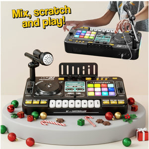 MixMaster Junior DJ Console with colorful buttons, microphone, keyboard, and festive holiday decorations for kids to mix and scratch music.