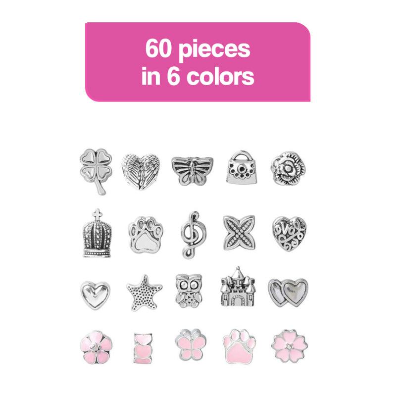 60 pieces of silver and pink charms in 6 colors for kids bracelet-making kit Christmas collection