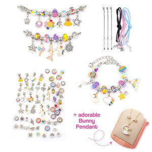 Kids bracelet-making kit with colorful beads, metal spacer beads, snake chains, and bunny pendant for creative gift sets